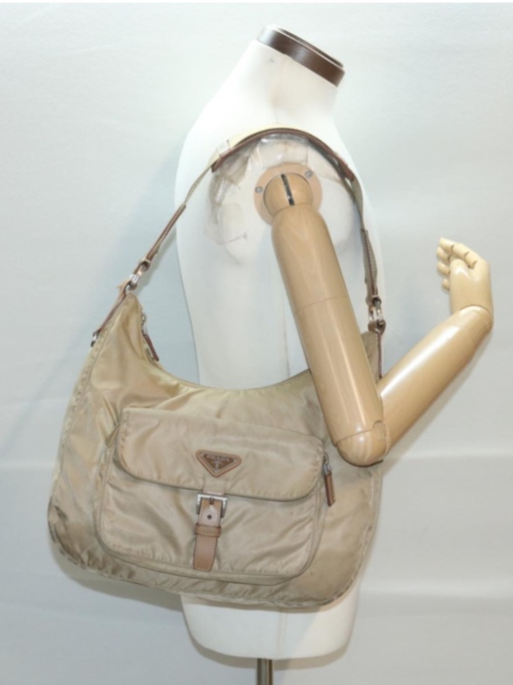 Authentic Prada Tan Nylon Shoulder Bag with Front Pocket
